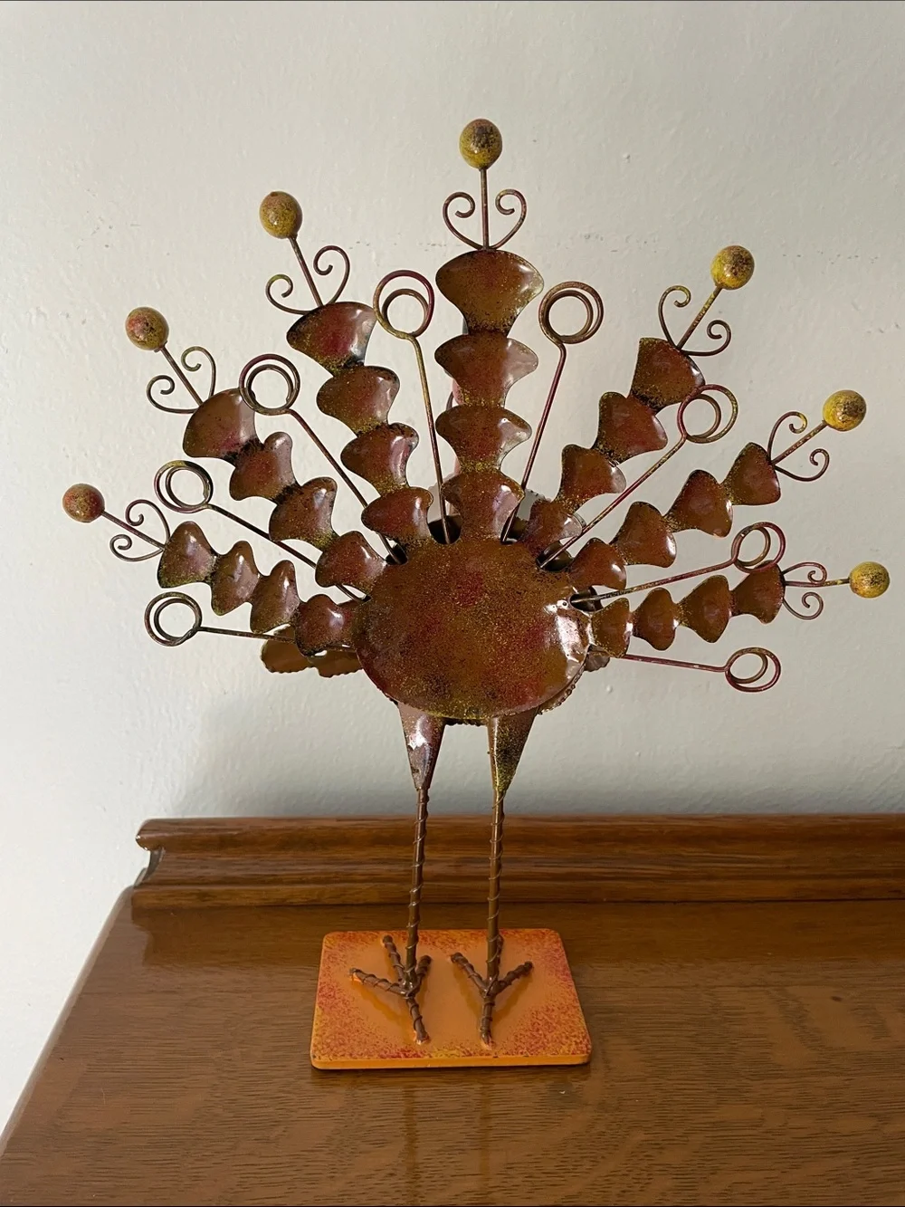 Whimsical Metal Turkey Sculpture - Orange and Brown Home Art